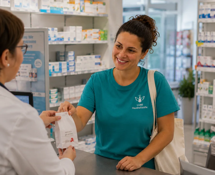 Alltagshelferin holt Medikamente in der Apotheke ab
