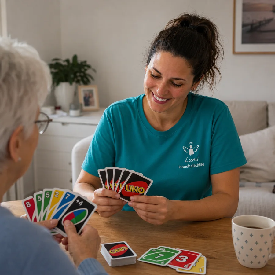 Alltagshelferin spielt Karten mit einer Seniorin am Wohnzimmertisch